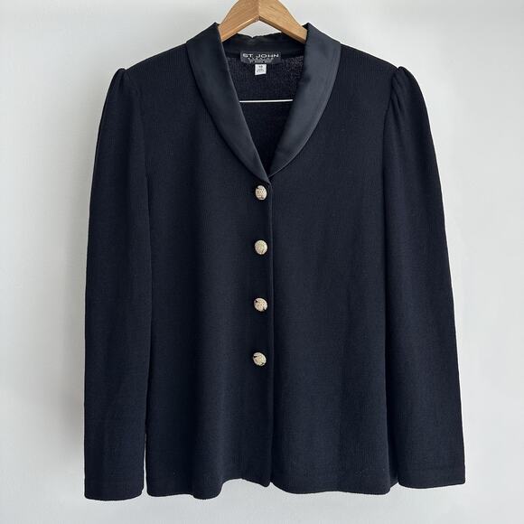 St John Evening Blazer 10 Black Santana Knit Rhinestone Tuxedo Jacket Elegant - Picture 1 of 10